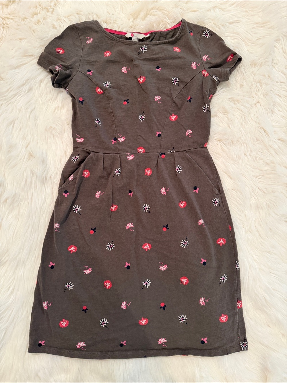 Boden Gray Short-Sleeve Fit-and-Flare Dress with Pink Floral Print